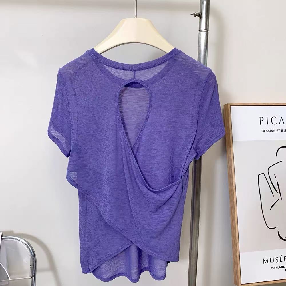 Yoga Clothes Women's Blouse Short-sleeved Hollow Cross Thin Mesh Beautiful Back Outside Shirts Slim Fitness Sports Top Clothing 26Y0924