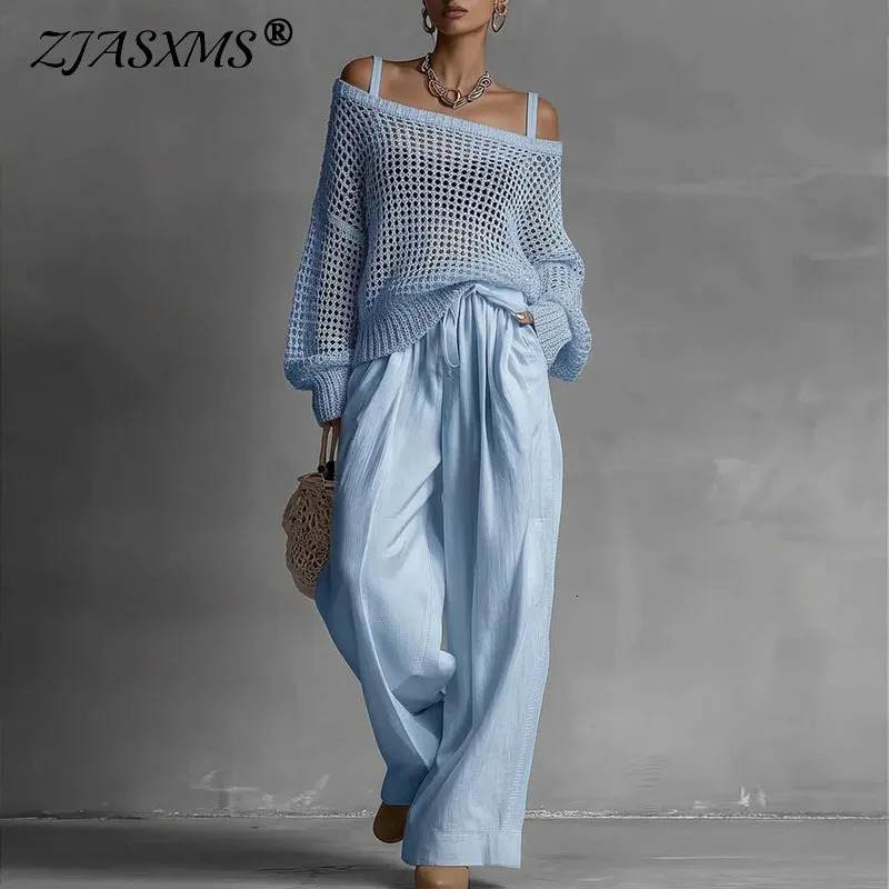 Off Shoulder Hollow Knit Womens 2 Piece Set Long Sleeve High Waist Wide Leg Pants Outfit Casual Loose Summer Beach Vacation Suit 260923