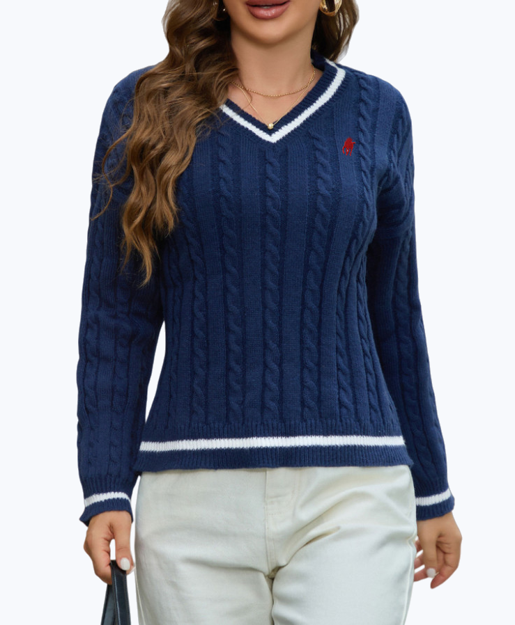 women designer Spring and Autumn style V-neck pullover sweater with white trim and long sleeves womens garment made of twisted knit fabric Daily out
