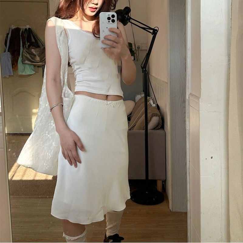 White High Waist A-Line Skirt Women's Spring Summer 2025 Versatile Slimming Wrap Body High-End Feeling Casual Style