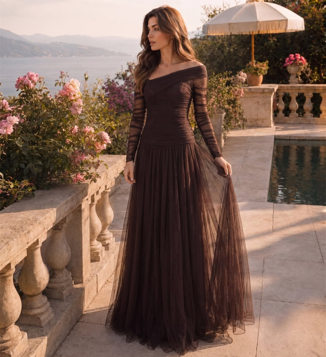 Vintage Long Sleeve Tulle Evening Dresses A-Line V-Neck Zipper Back Pleated Prom Dresses Floor Length Robe De Soiree Formal Party Gown for Women