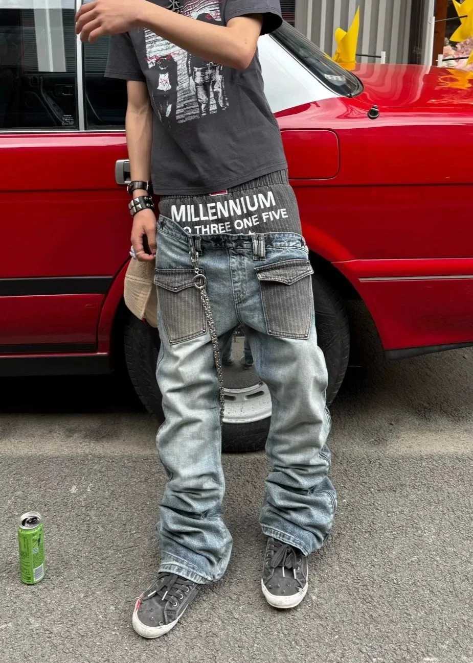 Men's Jeans Niche Colorblock Patchwork Wide Leg Blue Jeans Men's Autumn 2026 New Straight Double Waist Design Denim Trousers H260924
