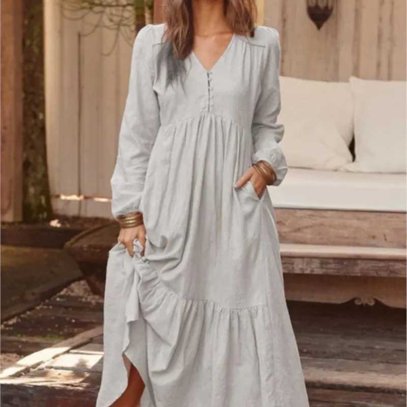 Sleep Lounge Women's Autumn And Winter New Cotton Linen Retro Casual Long-sleeved Dress With Long Skirt For Women Fashion Solid Color Button Dr