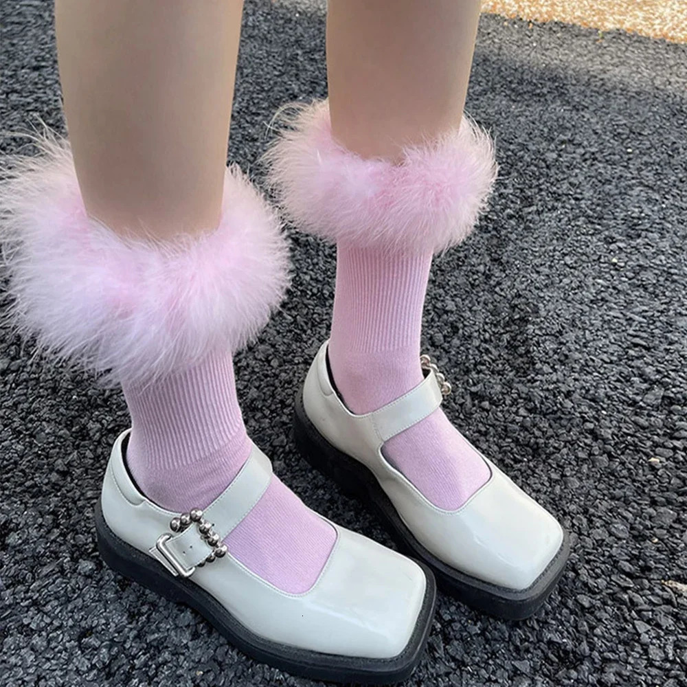 Pink Women Fur Socks Jk Lolita Middle Tube Socks Feather Kawaii Japanese Cotton Funny Cute Pile Socks Cosplay Party Accessories 260924