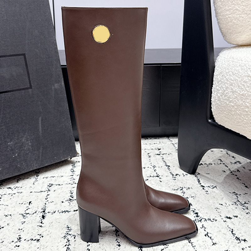 Designer Womens Coarse Heel Tall Boots Luxury Brown Calf Leather Shoe Upper Knight Boots Womans Fashionable Sports Style Wearing Knee Boots SIZE 42