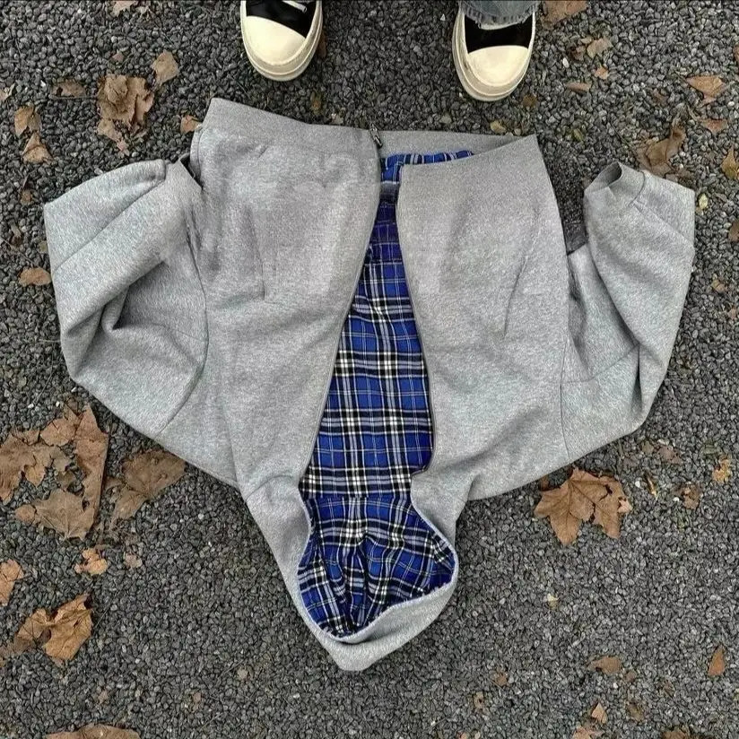 American DoubleSided Plaid Loose Zipper Hoodie Men Y2K Harajuku HipHop Gothic Couple Casual Joker Sweatshirt Street Wear 260923