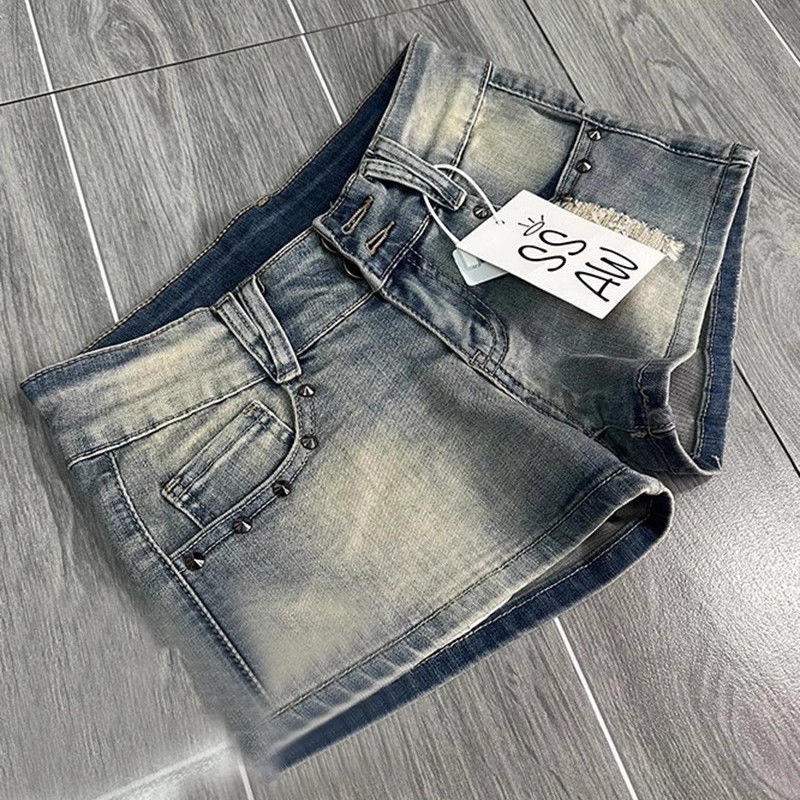 American Retro Washed Worn Denim Jeans Women's Summer Design Riveted Low-rise Hot Pants Shorts Feminino