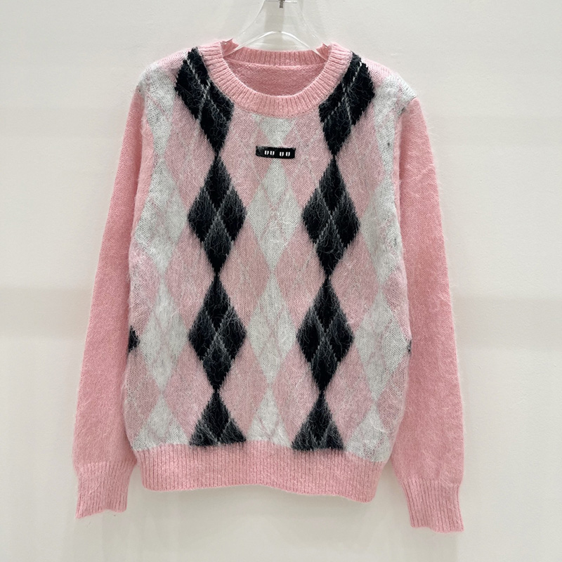 Women Pink Argyle Mohair Knit Sweater Crew Neck Long Sleeve Chest Letter Knit Pullovers Autumn Girlish Fluffy Tops for Women
