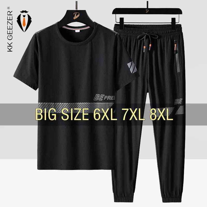 Men T Shirt Suit Pants 2 Piece Set Oversize 6XL 7XL 8XL Plus Size Short Sleeve Black T-shirts Summer Fashion Loose Dropshipping T260924
