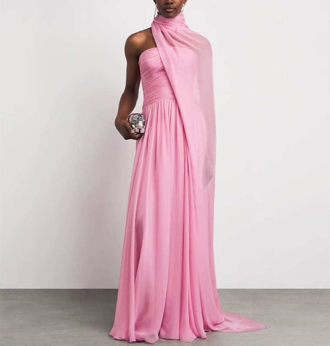 Elegant Long Chiffon Evening Dresses With Cape A-Line Hot Pink Strapless Lace Up Back Pleated Prom Dresses Floor Length Robe De Soiree Formal Party