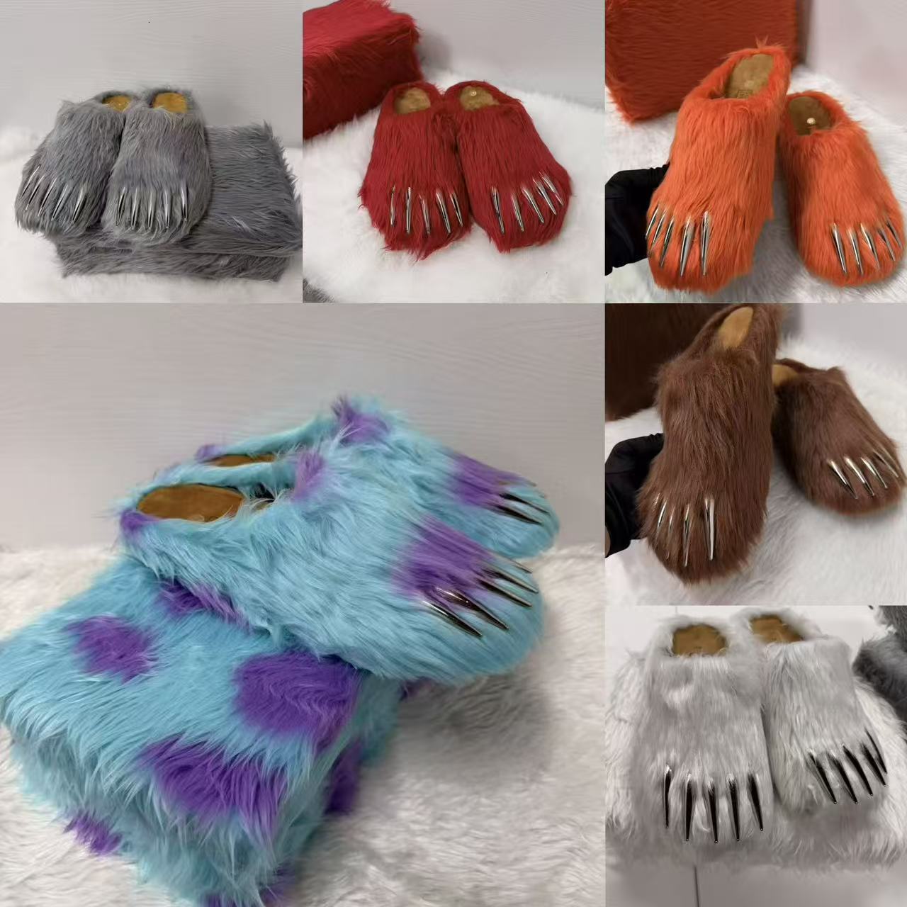 Bravest Studios Bear Claw Designer Furry Slippers Mules Warm Flip Flops Couple Indoor Shoes Men Women Cotton monster Unisex Animal Boots Fur Slides