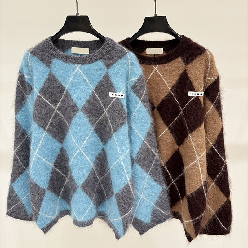 Women Fuzzy Mohair Knit Sweater Argyle Crew Neck Long Sleeve Knit Pullovers Autumn Winter Loose Versatile Thicken Tops for Women