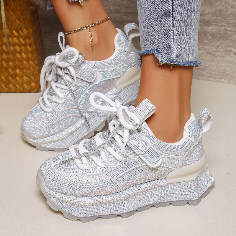 Womens Full Diamond Fashion luxury Sneakers Spring and Autumn New Round Toe Lace-up Non-slip Platform Sneakers High quality Casual Shoes Shining Nig