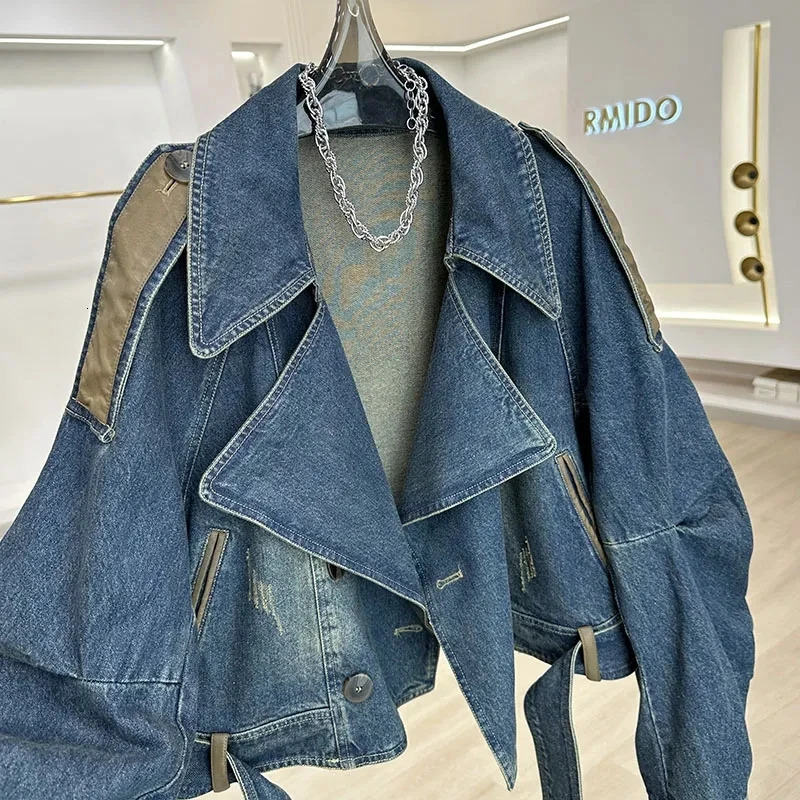 Vintage patchwork Denim Short Jacket For women Niche Double-breasted Motorcycle casual Loose Coat 2026 Spring Autumn 260923