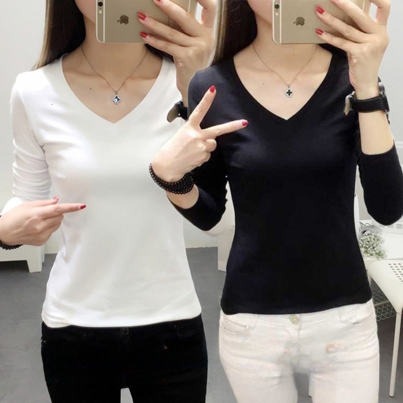 T-shirt da donna bianca a maniche lunghe slim fit Camicia base nuovo stile Primavera Autunno Colore versatile Top interno da indossare per S ...