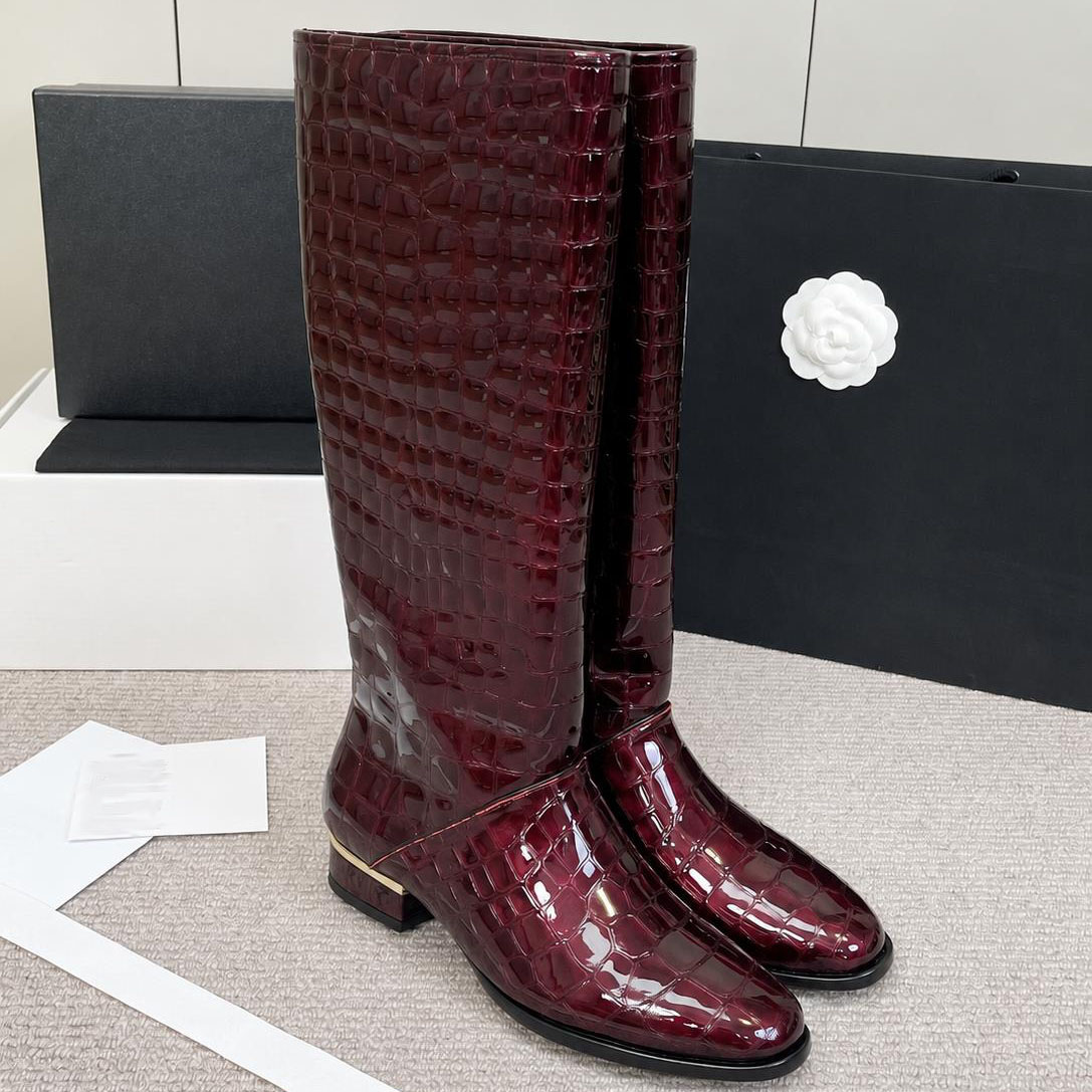 Designer Shoe Women Croc Embossed Knee High Boots Square Low Heel Straight Shaft Leather Riding Boots Autumn Winter Footwear