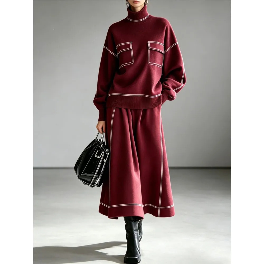 Autumn Winter High Neck Contrast Color Knitted 2Piece Set Loose Wide Sleeve Long Skirt High End Simple Elegant Women Office Suit 260922