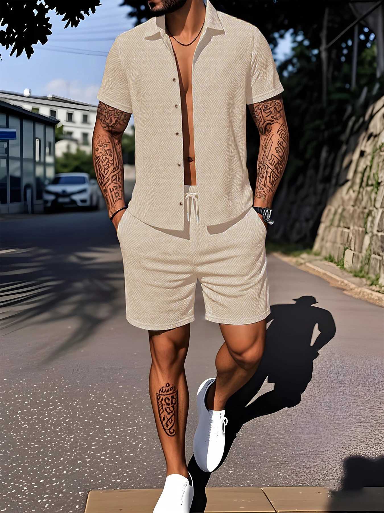 Men's Solid Color Loose Short Sleeve Shorts Suit Sports Fitness Casual Top Beach Shorts Men's Suit Summer Fashion Trend T260924