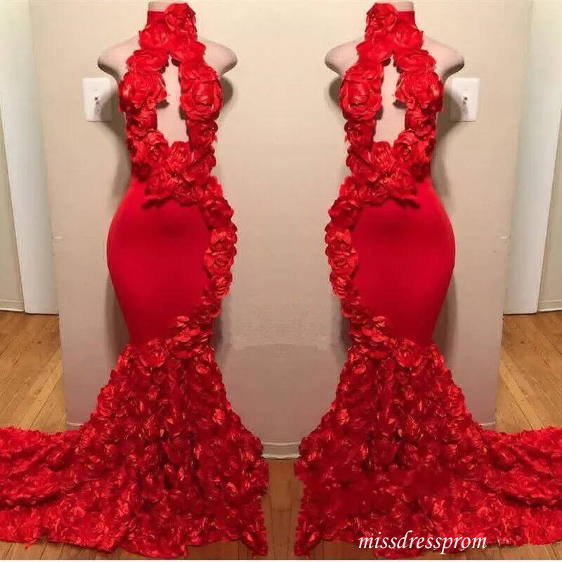 Red Mermaid Prom Dresses High Neck Keyhole Flowers Ruffles Rose Evening Gowns Plus Size Party Dress Cocktail Pageant Gowns For Women