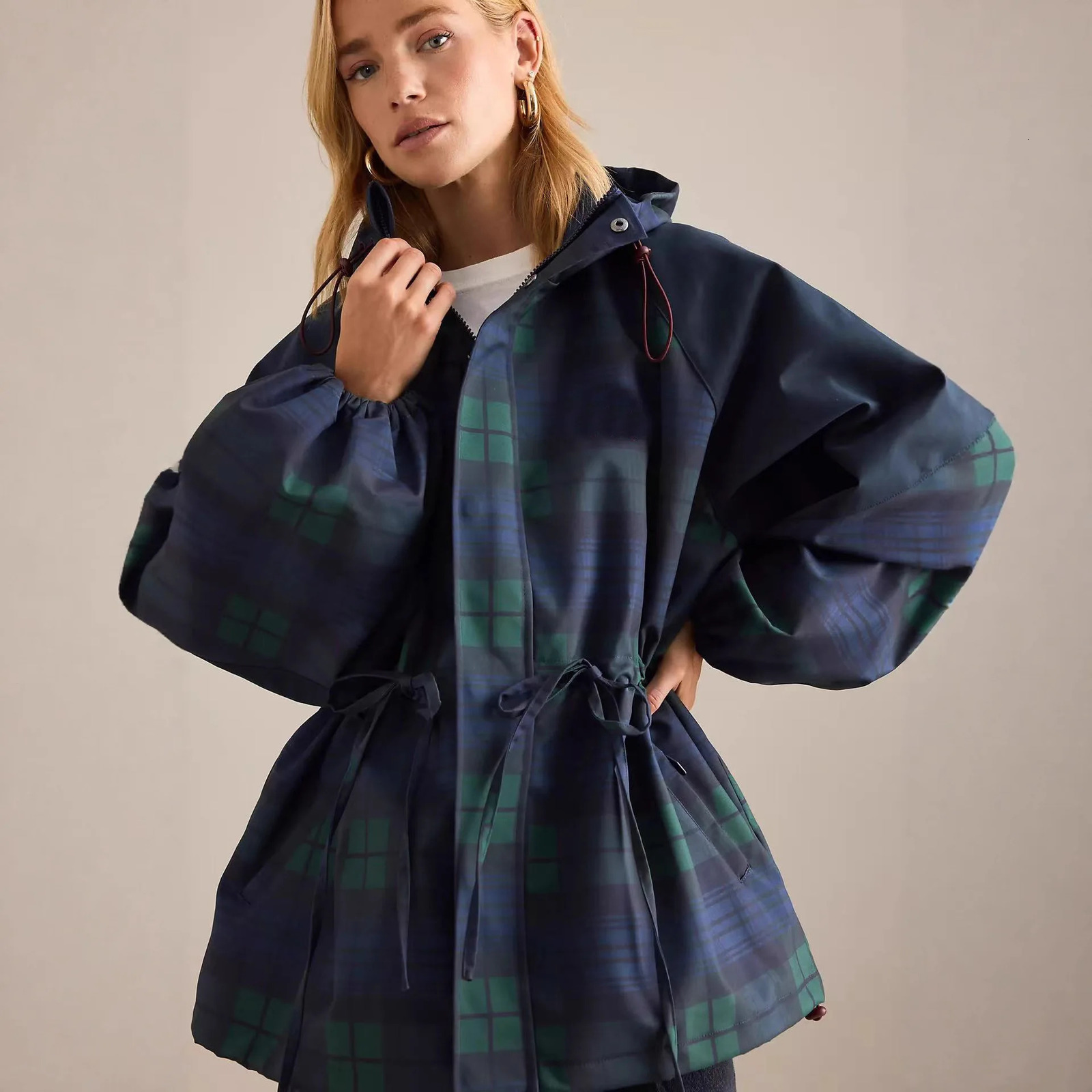 AW Women Vintage Grid Loose Jacket Oversize Loose Stand Collar Coat Long Sleeve Hoodie Lace Up Outwears Lady Streetwears 260921