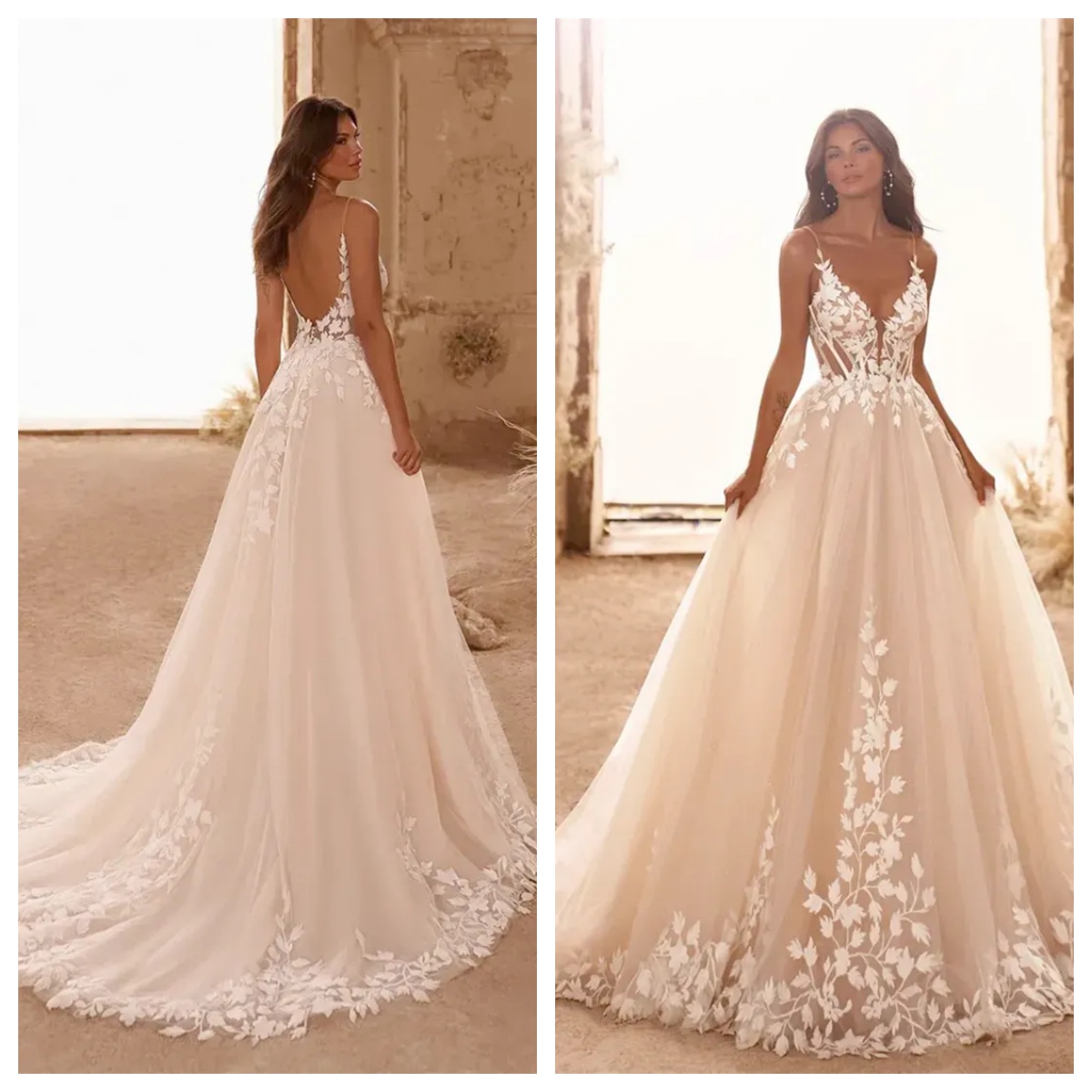 Romantic Sexy A Line Wedding Dresses Light Champagne Spaghetti Straps Deep V Neck Illusion Lace Appliques 3D Floral Sweep Train Tulle Ball Gown Brid