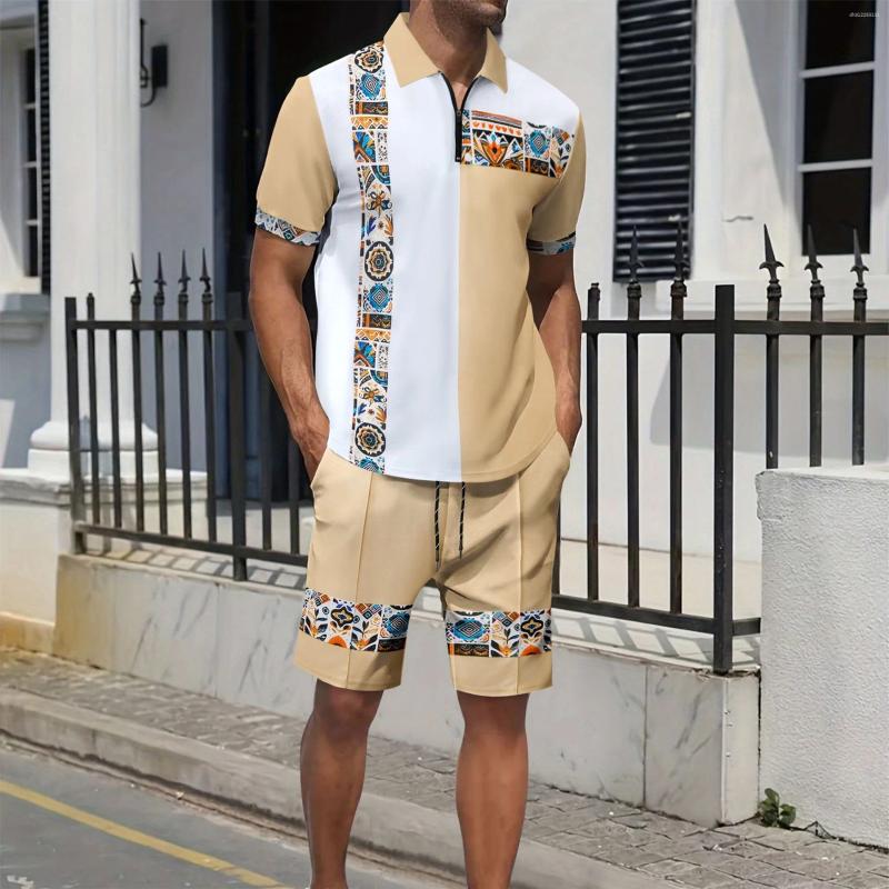 Summer Men's Printed Zipper Short-sleeved Shorts Two-piece Casual Suit