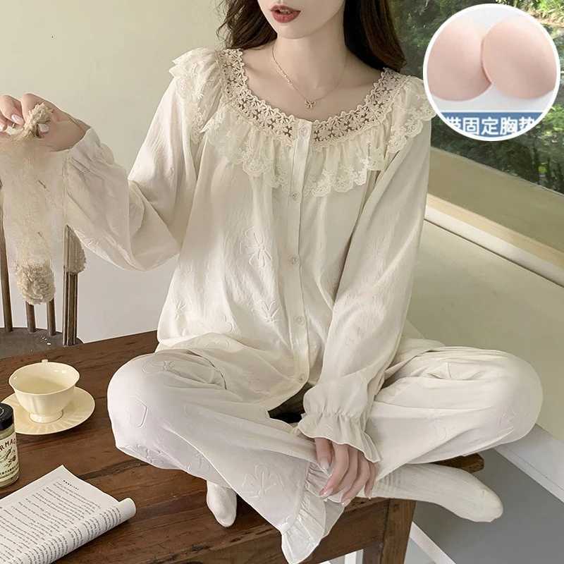 Salotto da notte da donna Pantaloni lunghi a maniche lunghe da donna nuovi Pigiama Set da ragazza in pizzo lungo 2 / Set da 2 pezzi Abbigliamento pe