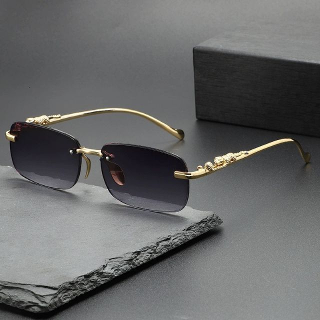 Vintage Brand Designer Sunglasses Decorative Frameless Square Sunglasses, Colorful Retro Leopard Head Metal Sunglasses For Men Women, European And A