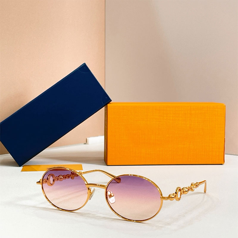 Z7336U Womens Luxury Round Sunglasses Golden metal frame Pink gradient yellow lens Mirror leg metal pearl logo design Womens banquet party luxurious