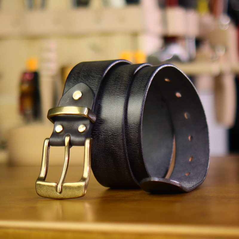 Luxury High-End Pin Antique Hand-Rubbed Men's Versatile Casual Pure Brass Buckle Genuine Leather Belt