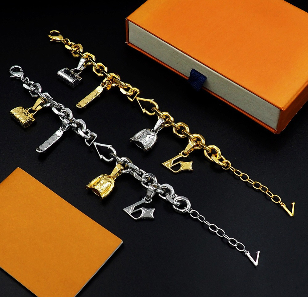 Mens Silver Gold Chain Designer Bracelet V Letter Suit Handbag Skateboard Bracelet Printed Bag Coat Bracelet