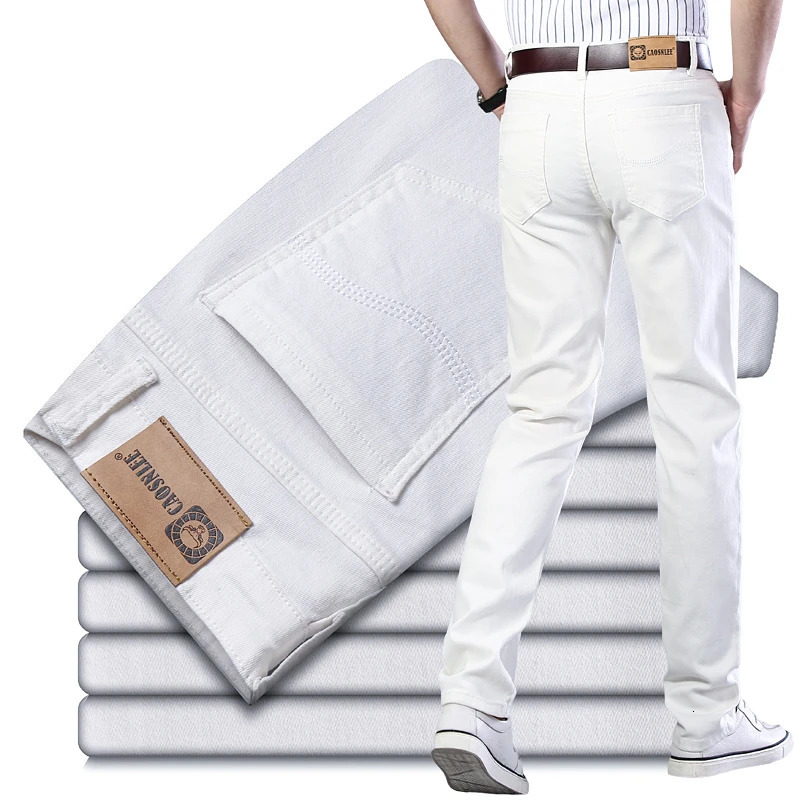 Men's Jeans Pure White Fashion Elastic Slim Youth Slimming Straight Leg Male Pants Business Casual Middle Age High End Trousers 260922
