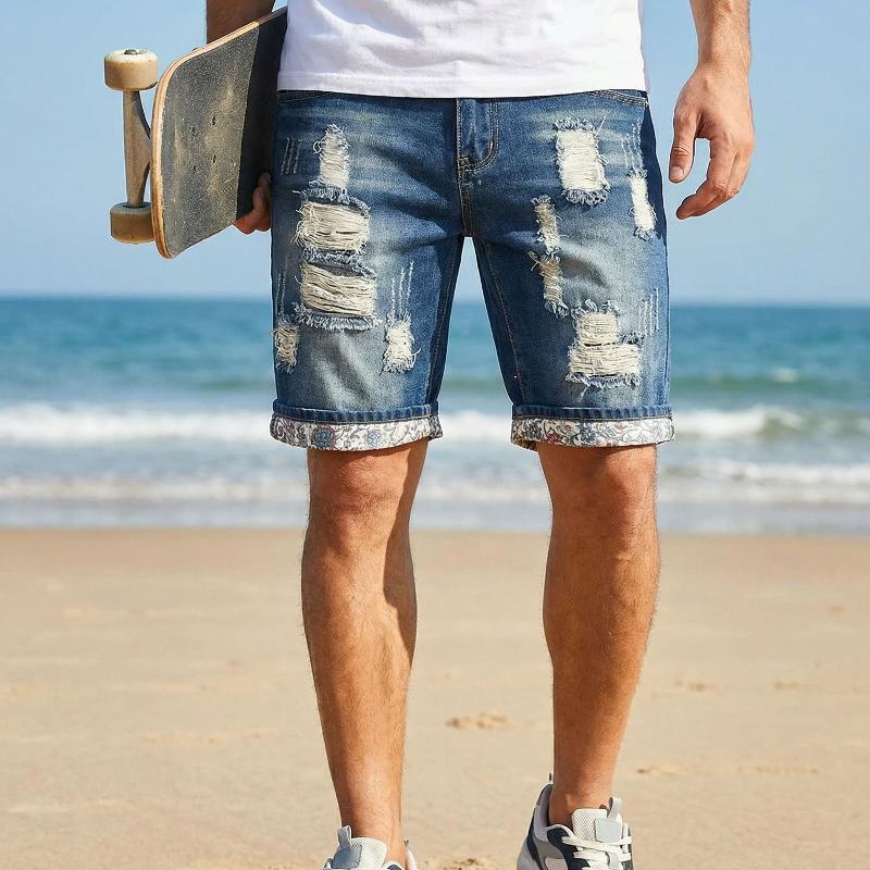 Bermuda en Denim bleu vieilli pour hommes, multi-déchiré, trous effilochés, doublure Paisley, ourlet roulé, taille moyenne, short de plage décont