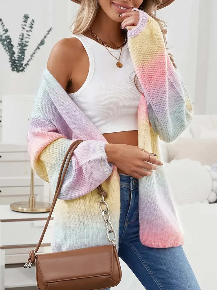 Women's Lazy Wind Gradient LongSleeved Wool Cardigan Coat Loose Casual Elegant and Fashionable Joker Sweater 260922