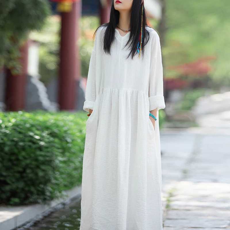 Sleep Lounge Women's Johnature Women Cotton Linen Vintage Dresses V-Neck Long Sleeve Robes 2025 Spring New Solid Color Original Female Loose Dr