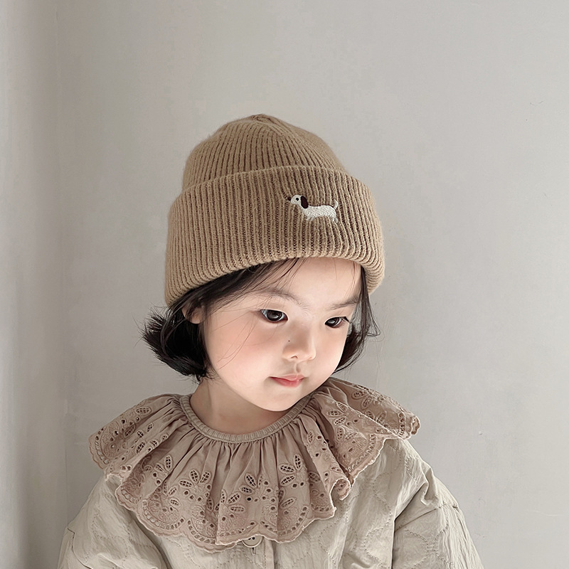 Solid Color Woolen Knitted Hat Kids Beanie Cute Puppy Embroidery Baby Pullover Cap 4-8Year Boys Girls Winter Warm Crochet Bonnet