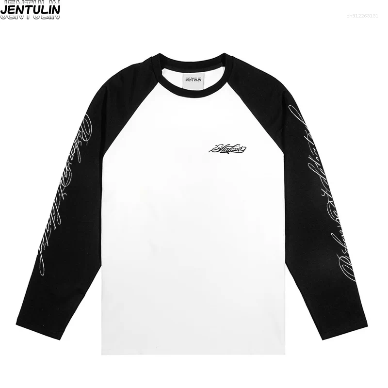Harajuku American Retro Washed Splice Letter Garbage Printed Long Sleeved T-shirt Casual Loose Street Style Top Wear