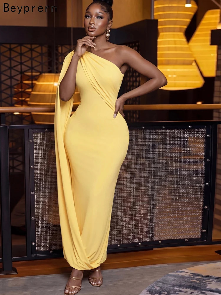 Beyprern Elegant One Shoulder Yellow Maxi Dress for Women Sexy Bodycon Evening Party Gown with Cape ious Wedding Guest Prom 260922