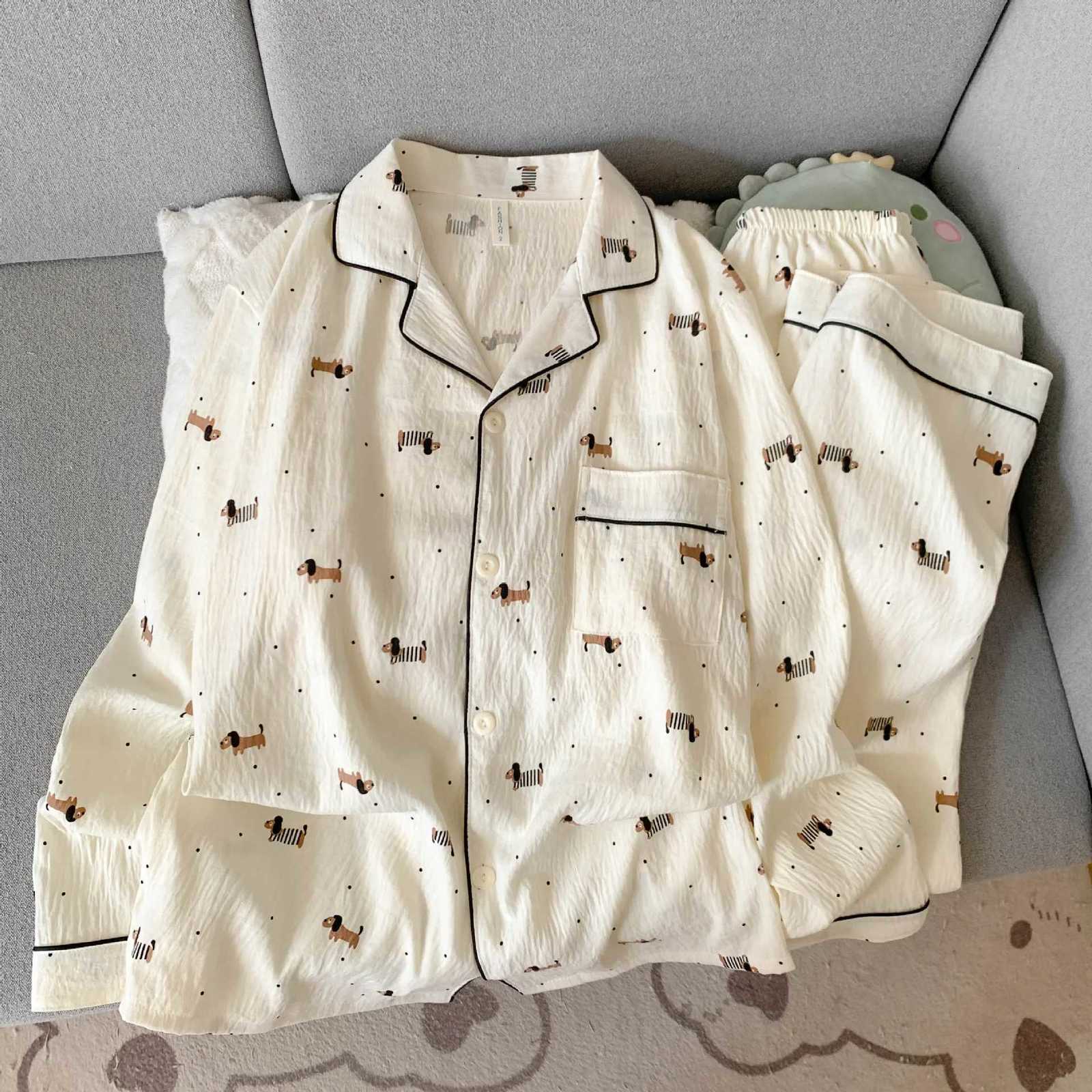 Women's Sleep Lounge Women's Pajama Set Thin Cotton Cardigan Long Sleeve Pants Spring and Autumn Cartoon Dachshund Home Wear Set for Women