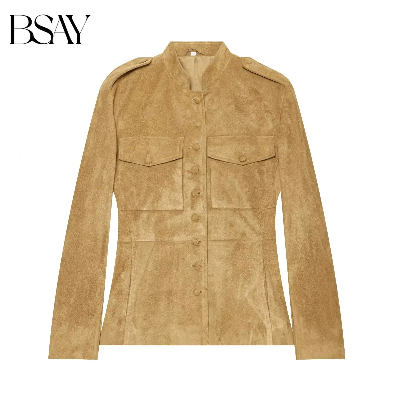 BSAY 2026 Autumn American Vintage Women Suede Jacket Stand Collar Epaulet Multi Pocket Button Front Fitted Waist Retro Outerwear 260923