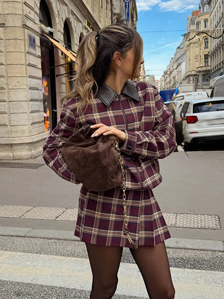 HH Trendy Woman's Pocket Decoration Zipper Long Sleeves Lapel Plaid Bomber JacketWide Fold Mini Culottes Spring 2 Piece Set 260923