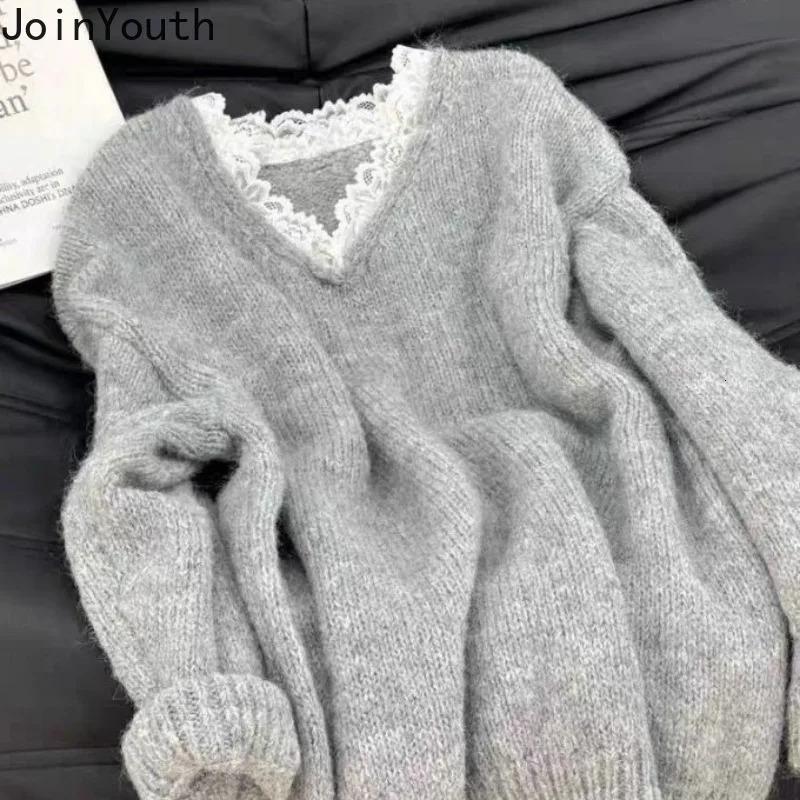 Gray Jumper Knitwear Pullovers for Women Autumn Winter Clothing Lace V-neck Casual Sueter Mujer Fashion Knitted Korean Sweater 260923