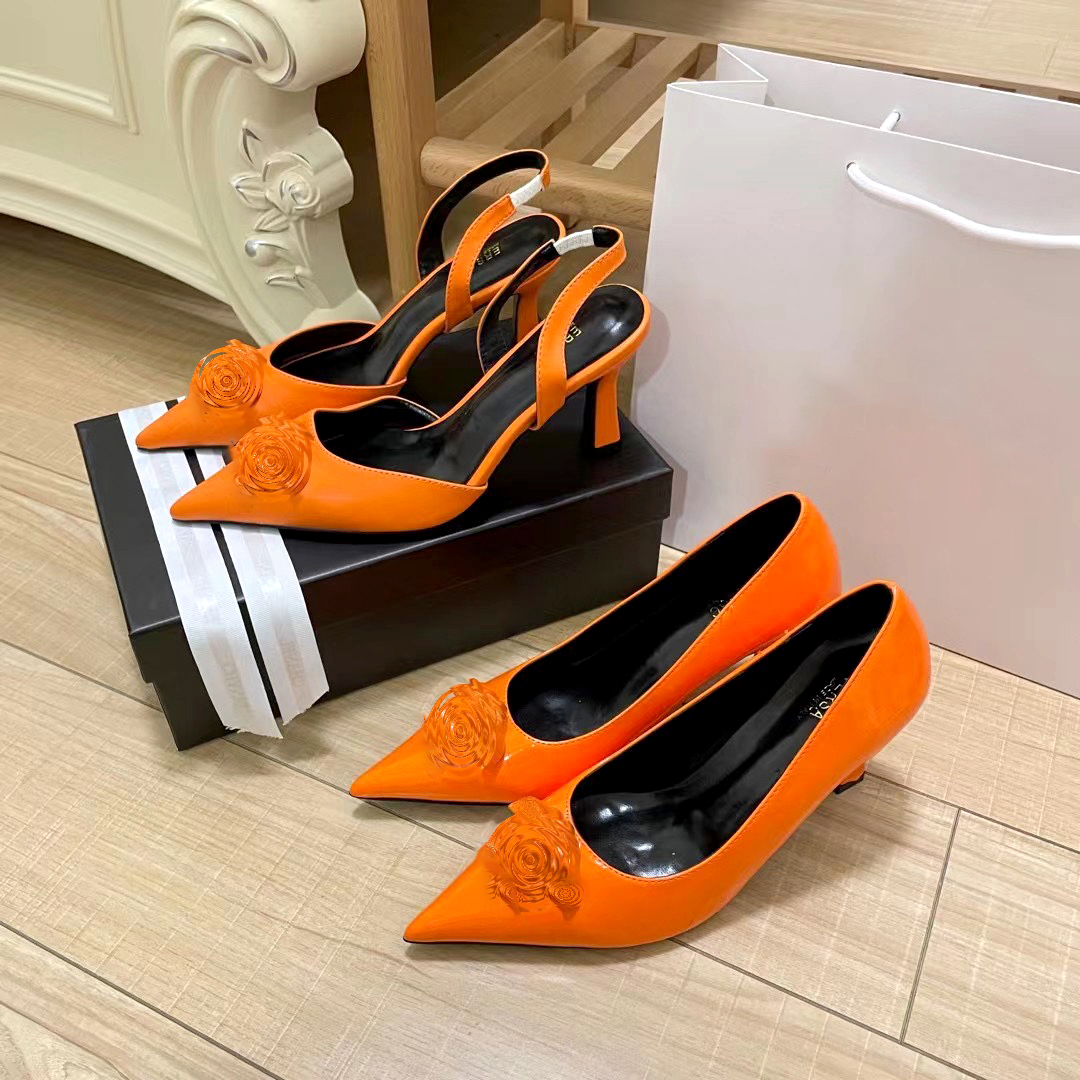 Top quality Metal Logo Women Slingback New Outdoor Slip On Sandal High Heel Luxury Designer Pumps Genuine Leather Sexy Stiletto Kitten Evening Party