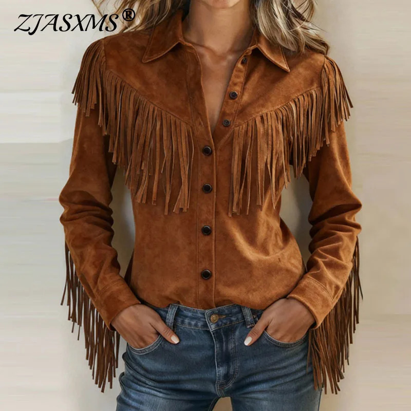 Retro Woman Clothes Spring Turn-down Collar Button Jacket Coats Casual Solid Suede Tassel Top Cardigan Autumn Outerwear 260923