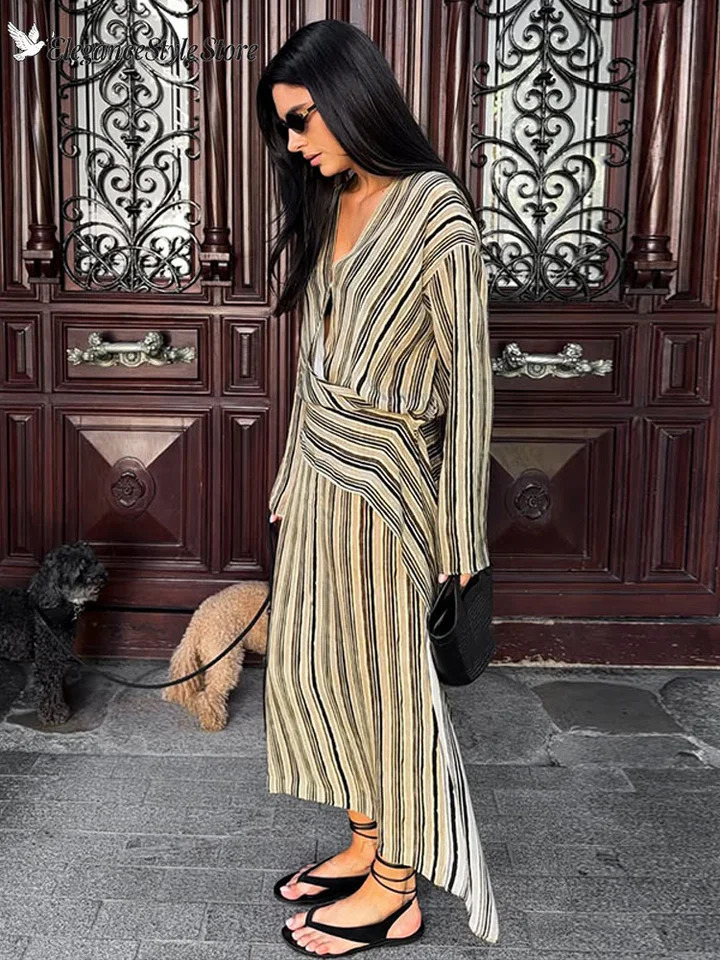 Casual Stripe Maxi Dresses Women Loose Full Sleeves Deep V-neck Ankle-length Dress 2026 Ladies Summer Vacation Beach Outfit 260922
