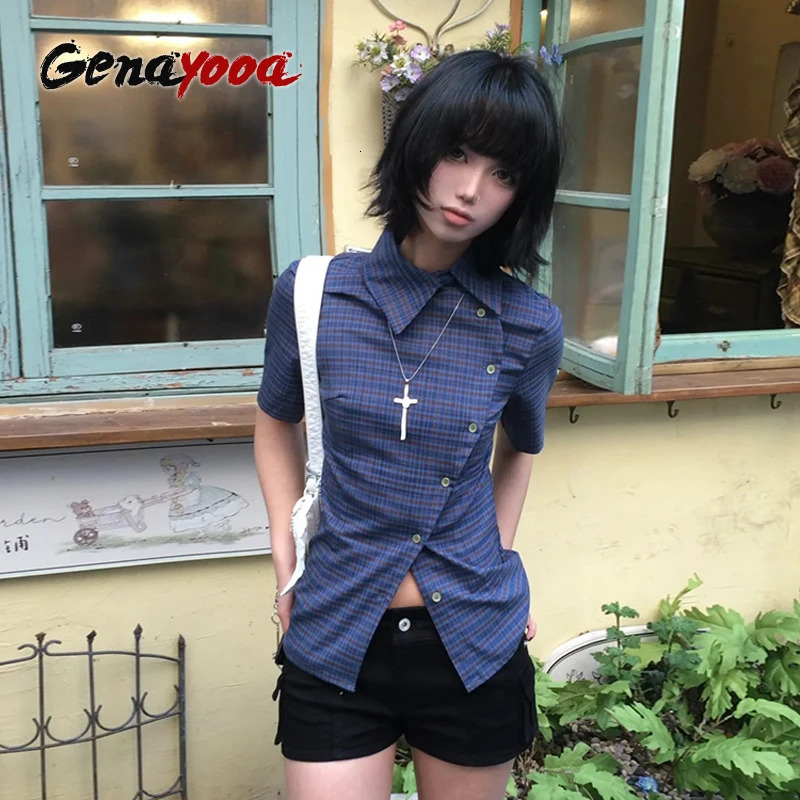 Genayooa Vintage Plaid Casual Shirt Women Short Sleeve Y2k Tops Japanese 2000s Summer Shirt Irregular American Retro 90s Tshirts 260923
