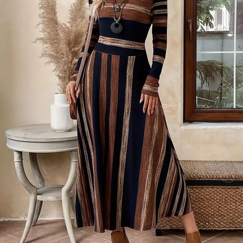 Robe longue de styliste pour femmes, col rond, manches longues, rayée, Patchwork, taille cintrée, fluide, balançoire, élégante, pour les déplacem