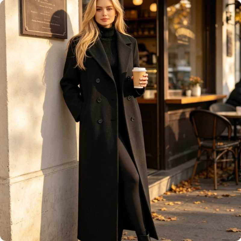 Woolen Coat Women Double Breasted Lapel 2026 Autumn Winter Long Solid Color Loose Warm Casual Fashion Outerwear Overcoat Z260924