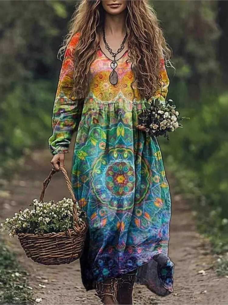 Lounge Women's Sleep Boho Vintage Print Long Dresses For Women 2025 Casual V Neck Full Sleeve Splice High Waist Loose Dress Autumn Fashion Vest