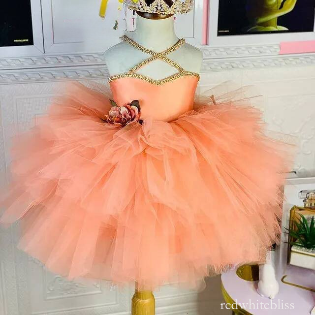 Abiti da ragazza di fiore con tutù di cristalli arancioni, abito da ballo, lunghezza al ginocchio, tulle, abiti da festa di compleanno per bambini,
